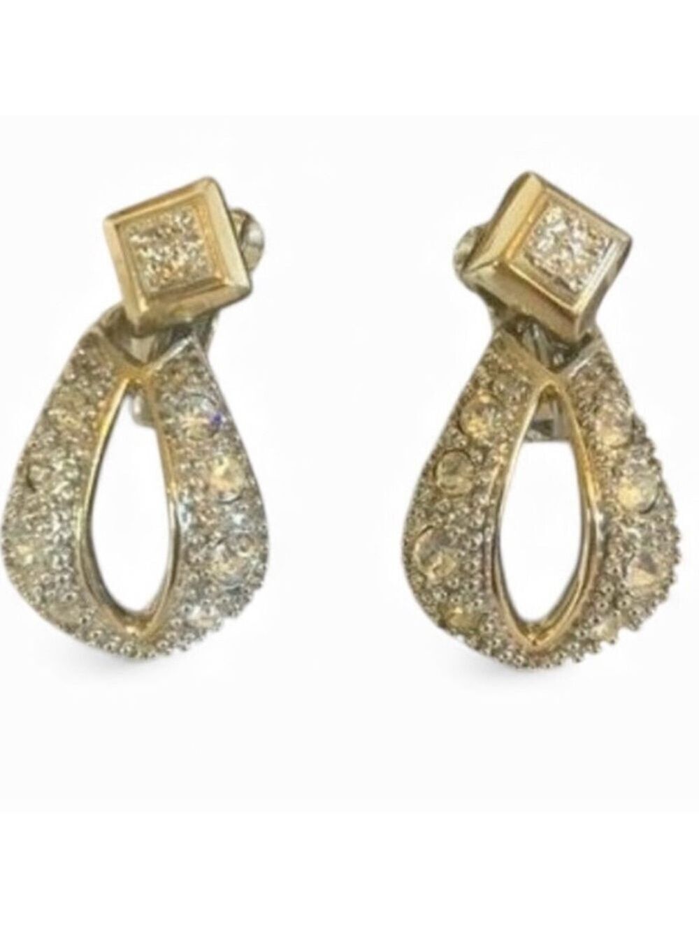 Crystal Teardrop Two Tone Screw Back Earrings